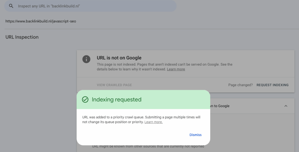 Indexering aanvraag gelukt Google Search Console (GSC)